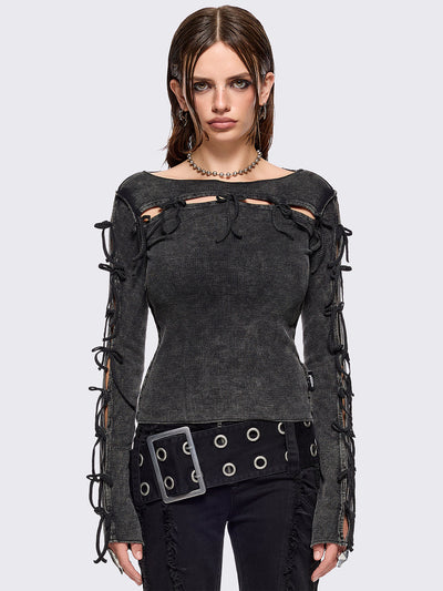Black washed rib top with cut-out and bow details.