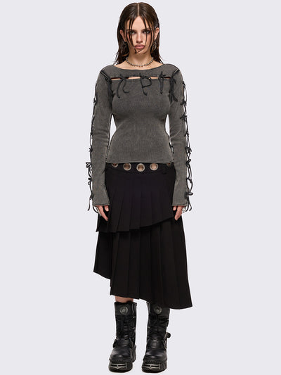 Grey washed rib top with cut-out and bow details.