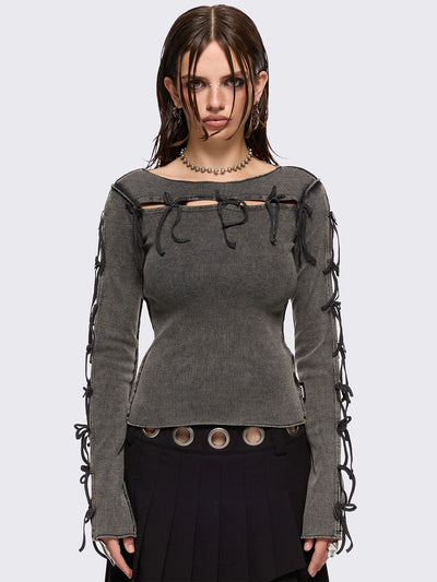 Grey washed rib top with cut-out and bow details.
