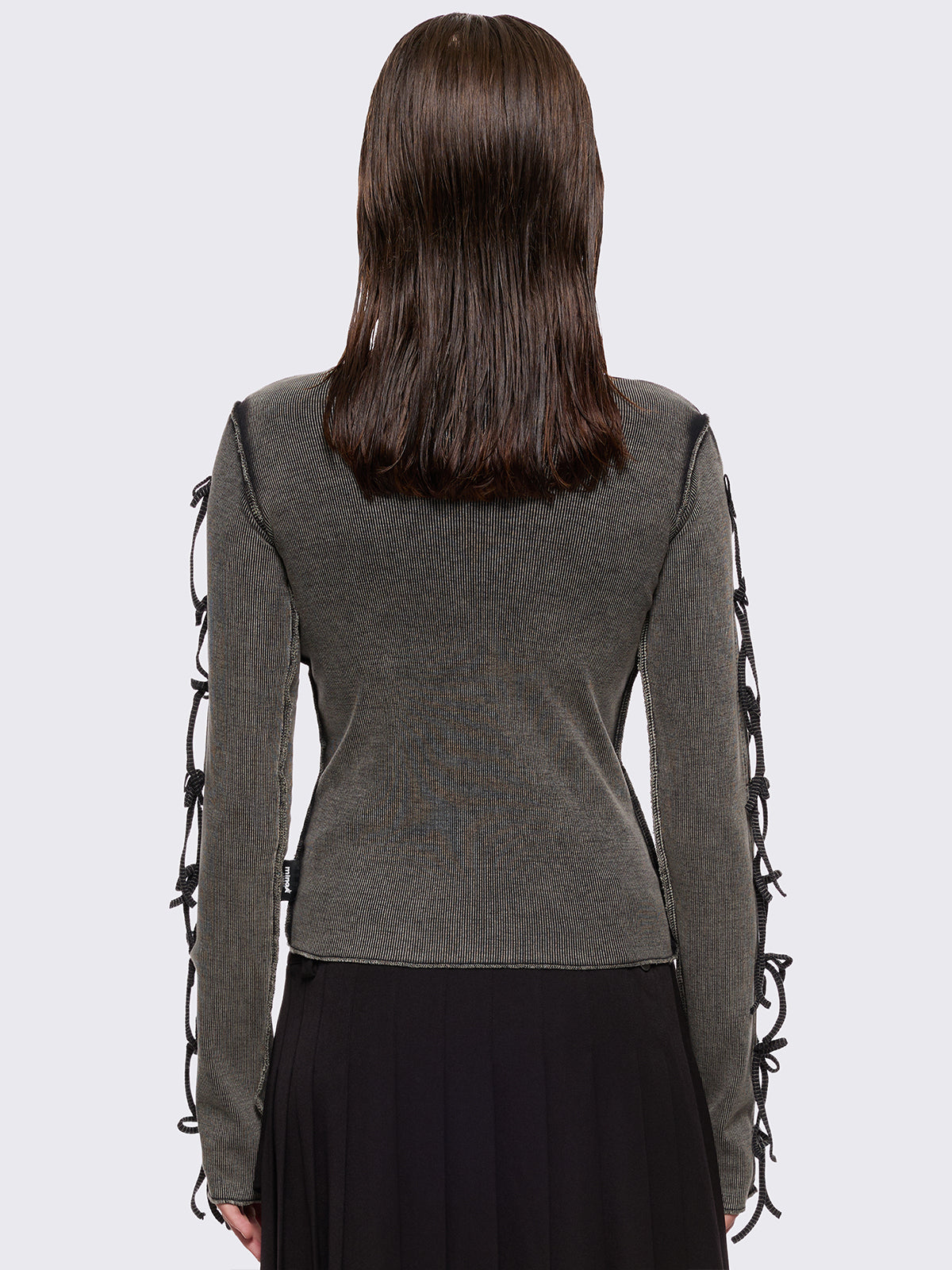 Grey washed rib top with cut-out and bow details.