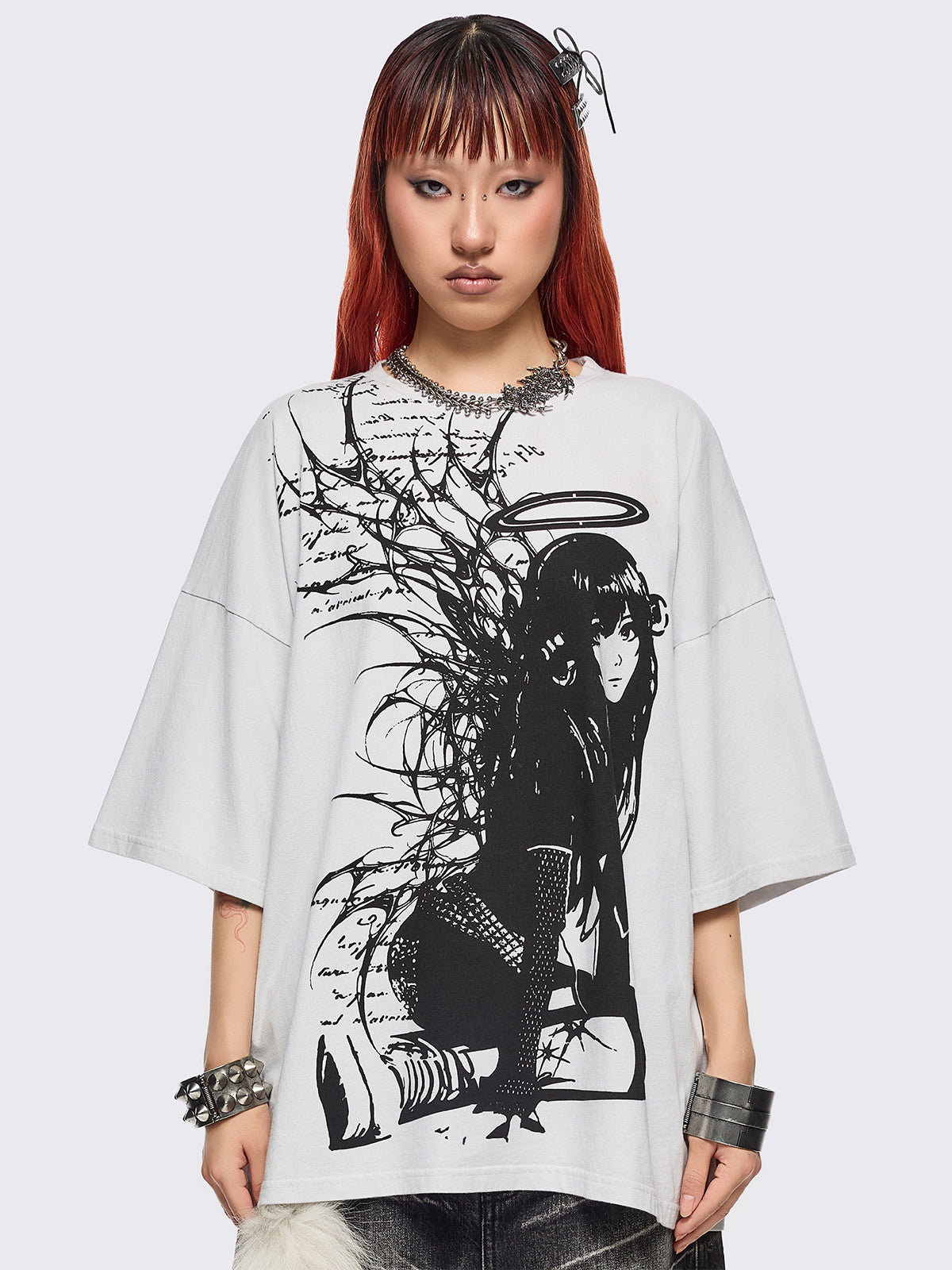 Off white t-shirt with emo girl angel graphic front print.