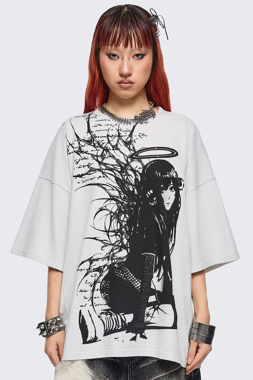 Off white t-shirt with emo girl angel graphic front print.