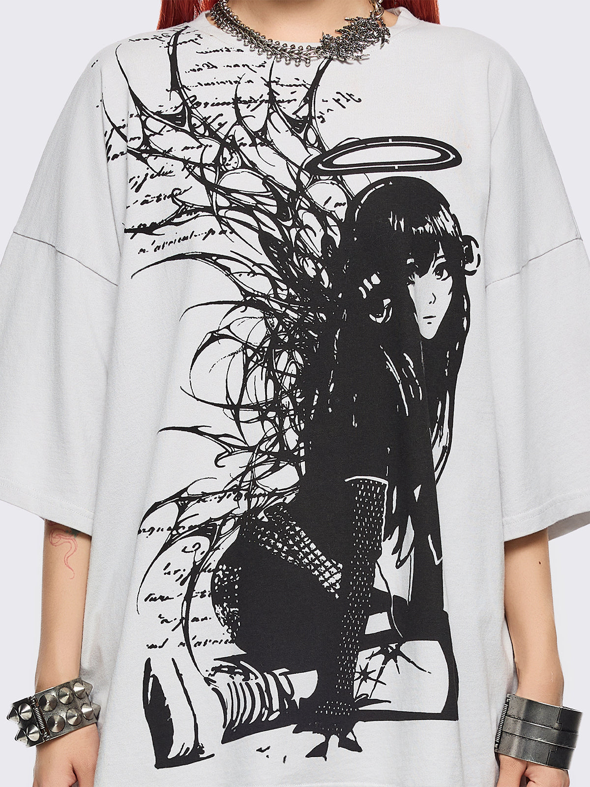 Off white t-shirt with emo girl angel graphic front print.