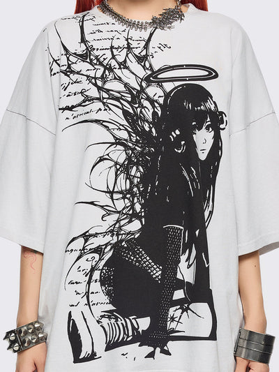 Off white t-shirt with emo girl angel graphic front print.