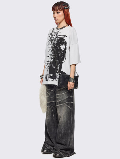 Off white t-shirt with emo girl angel graphic front print.