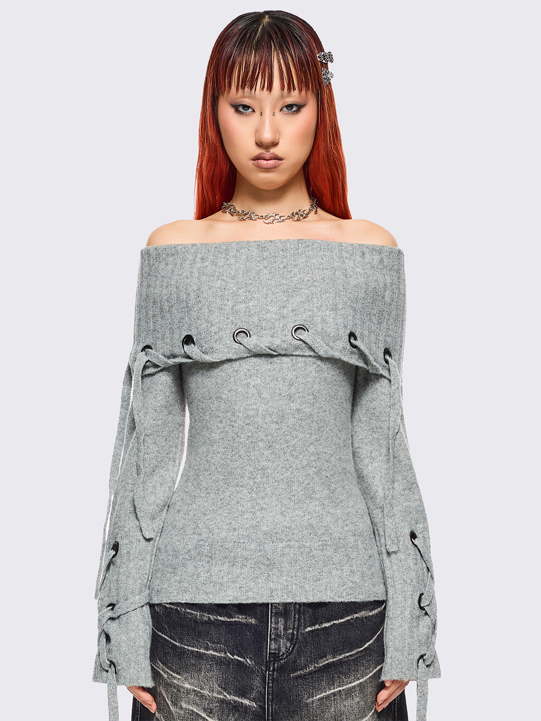 Off-Shoulder Knitted Sweater in Grey | Minga London – Minga London US