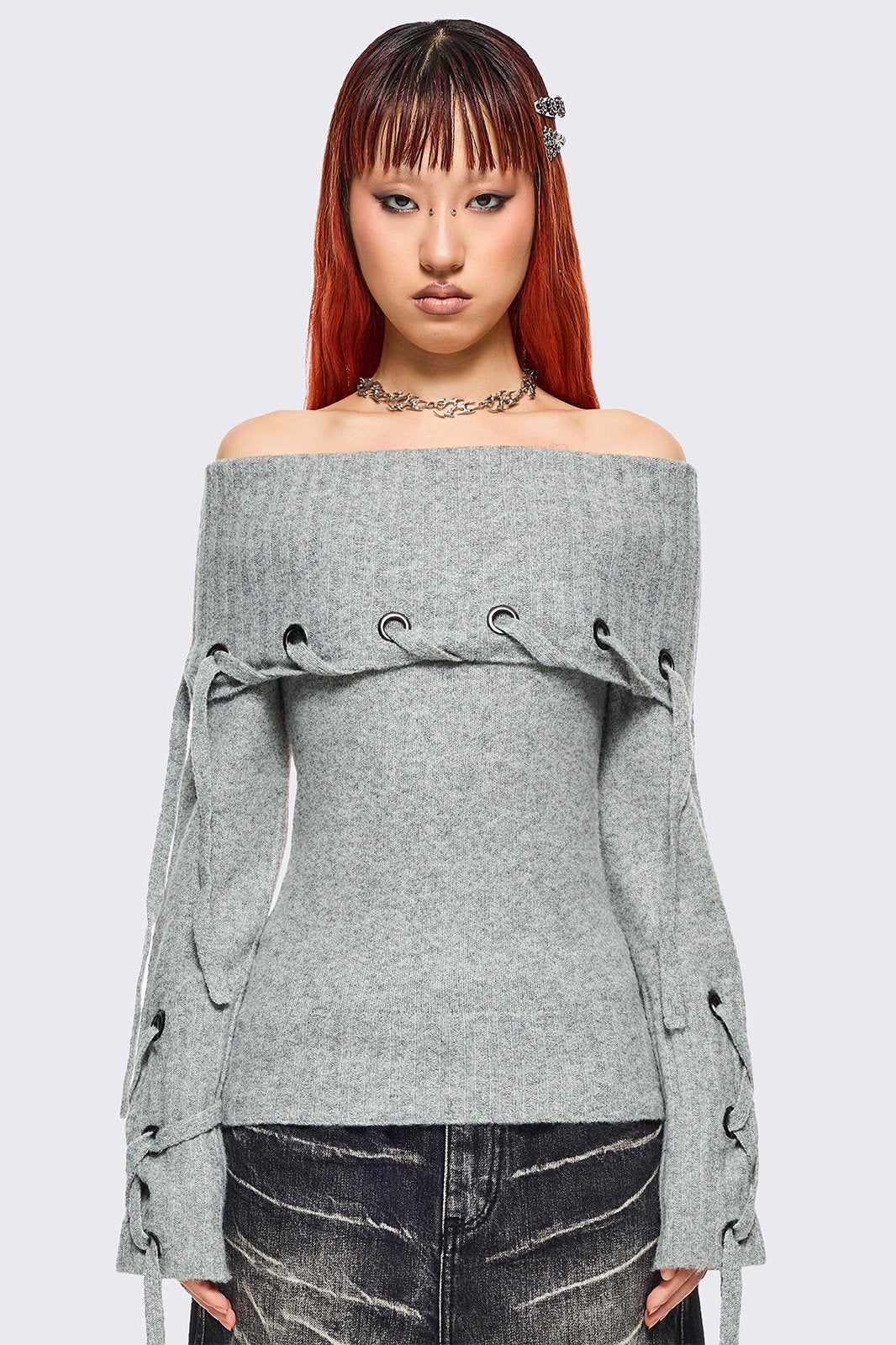 Off-Shoulder Knitted Sweater in Grey | Minga London