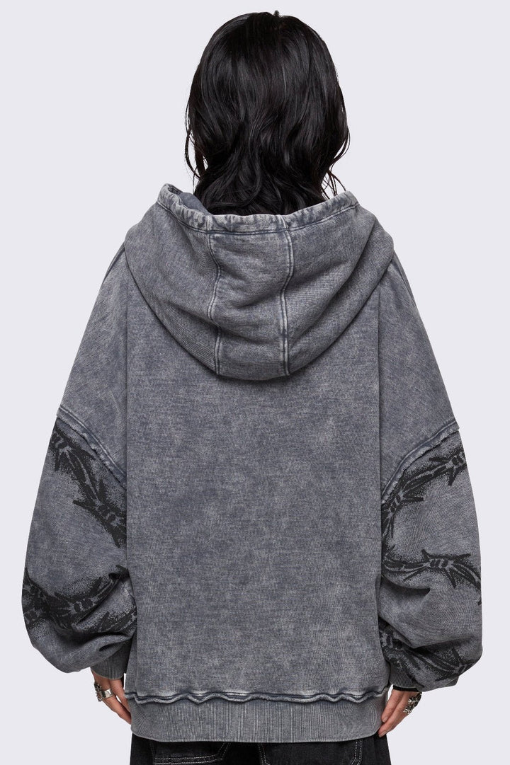 Grey Barbed Wire Spiderweb Graphic Zip-Up Hoodie | Minga London