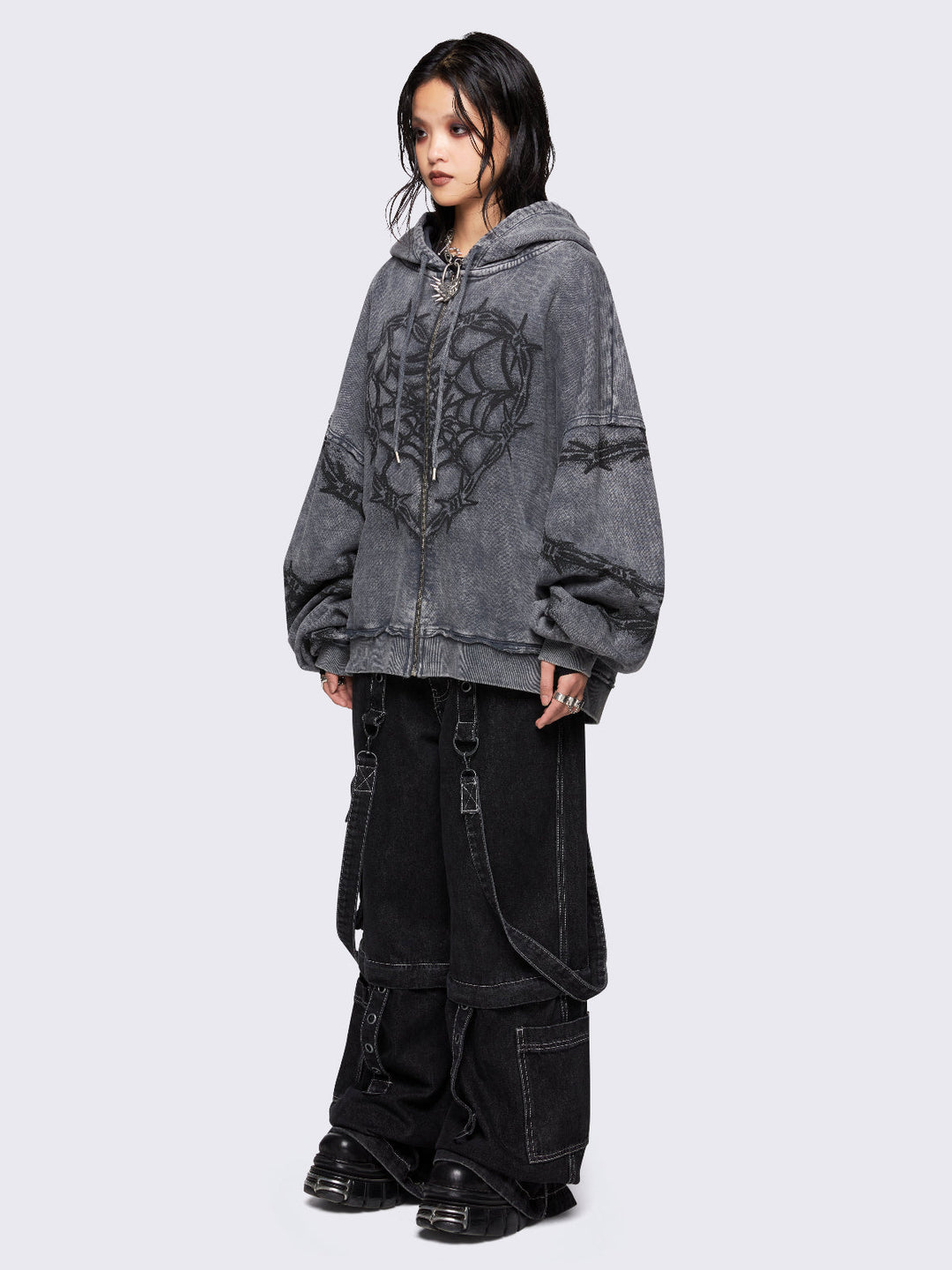 Grey Barbed Wire Spiderweb Graphic Zip-Up Hoodie | Minga London