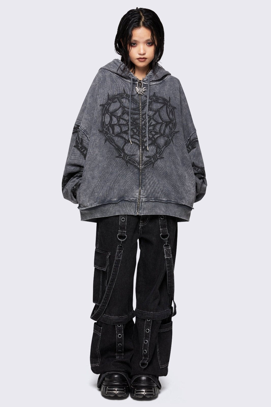 Grey Barbed Wire Spiderweb Graphic Zip-Up Hoodie | Minga London