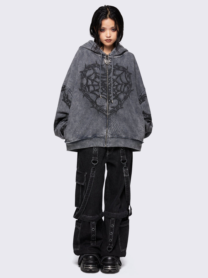 見逃し厳禁！おトクな Grey Barbed Minga | Hoodie Zip-Up Graphic Spiderweb Wire ジャケット・アウター