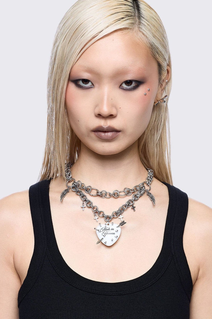 Silver Layered Necklace with White Heart Pendant | Minga London
