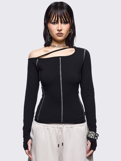 Black cold shoulder top with cut out details and white contrast stitching.