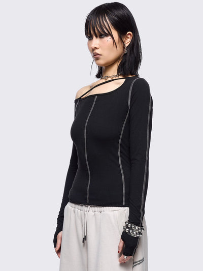Black cold shoulder top with cut out details and white contrast stitching.