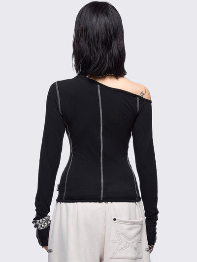 Black cold shoulder top with cut out details and white contrast stitching.