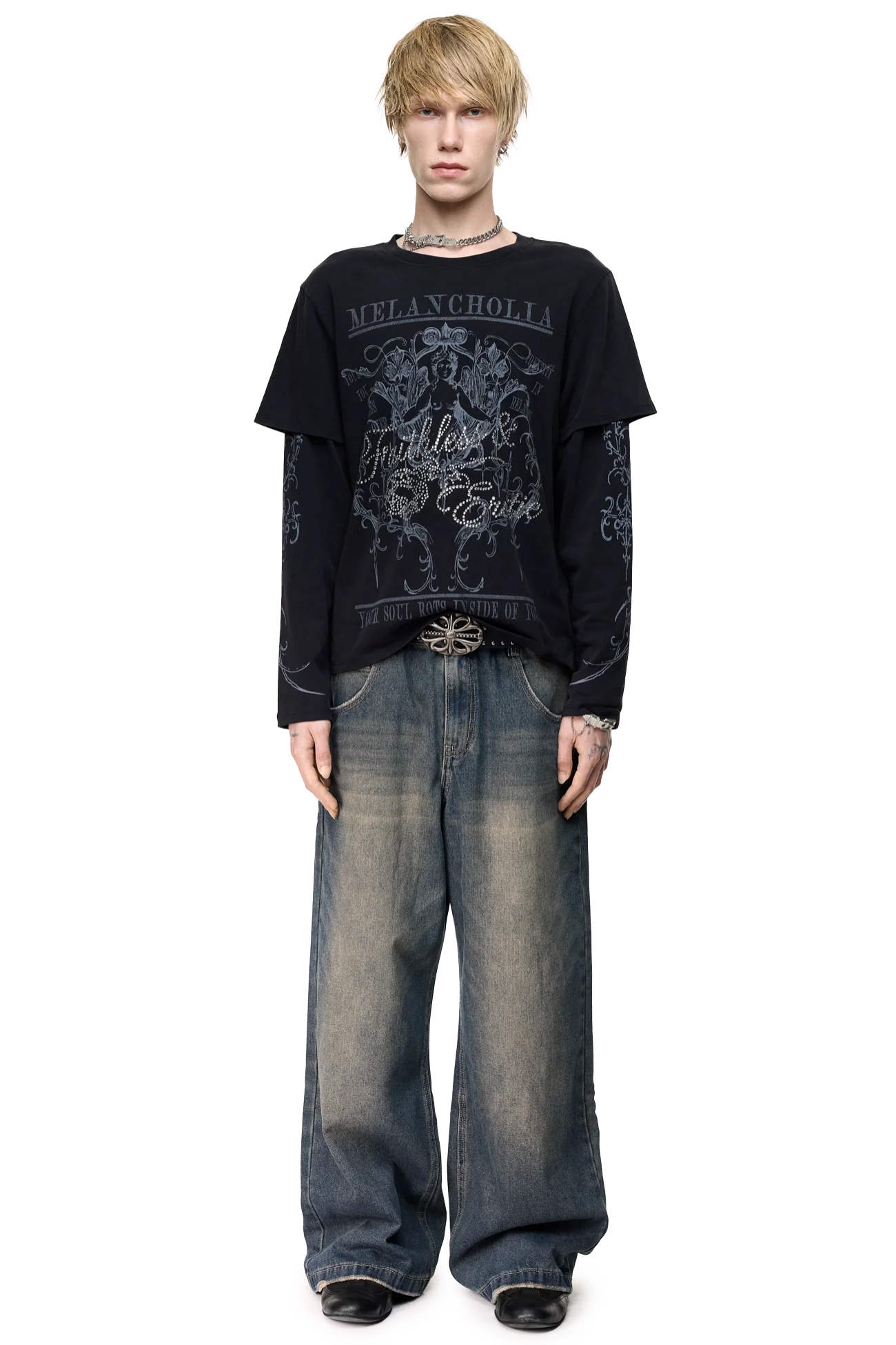 Black layered long sleeve T-shirt with Melancholia graphic print, rhinestone text, printed sleeves and relaxed fit.