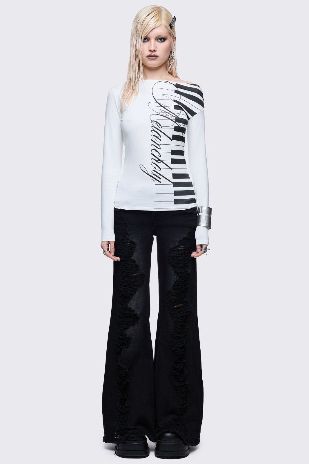 Off-Shoulder White Piano Long Sleeve Top | Minga London – Minga