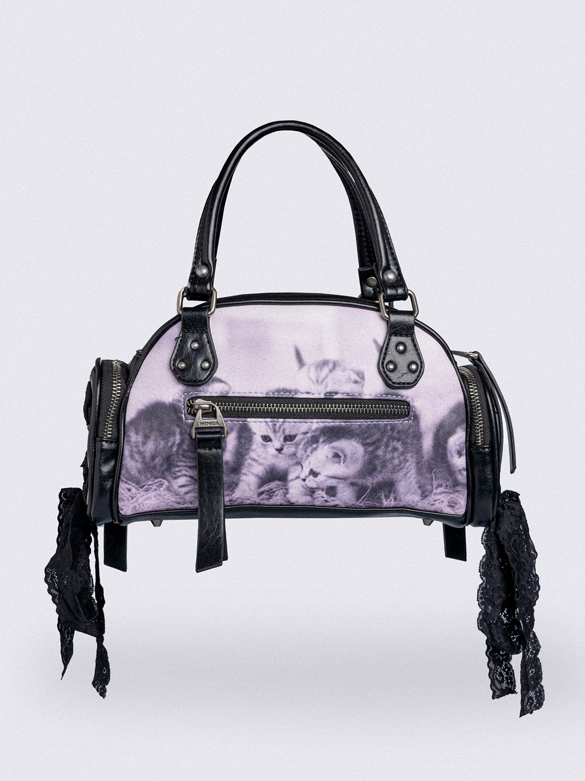 Black and pink bowling bag with kittens graphic print, rhinestone details and side exterior pockets with lace up bows.