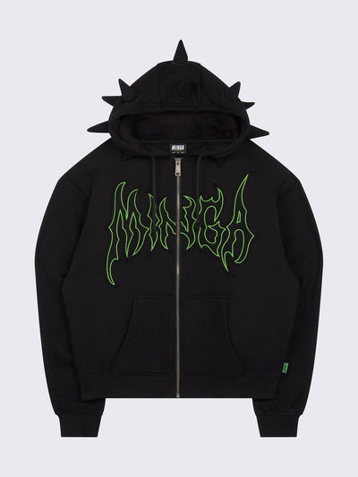 Zip up hoodie jacket in black with 3D spikes and Minga logo embroidery in green