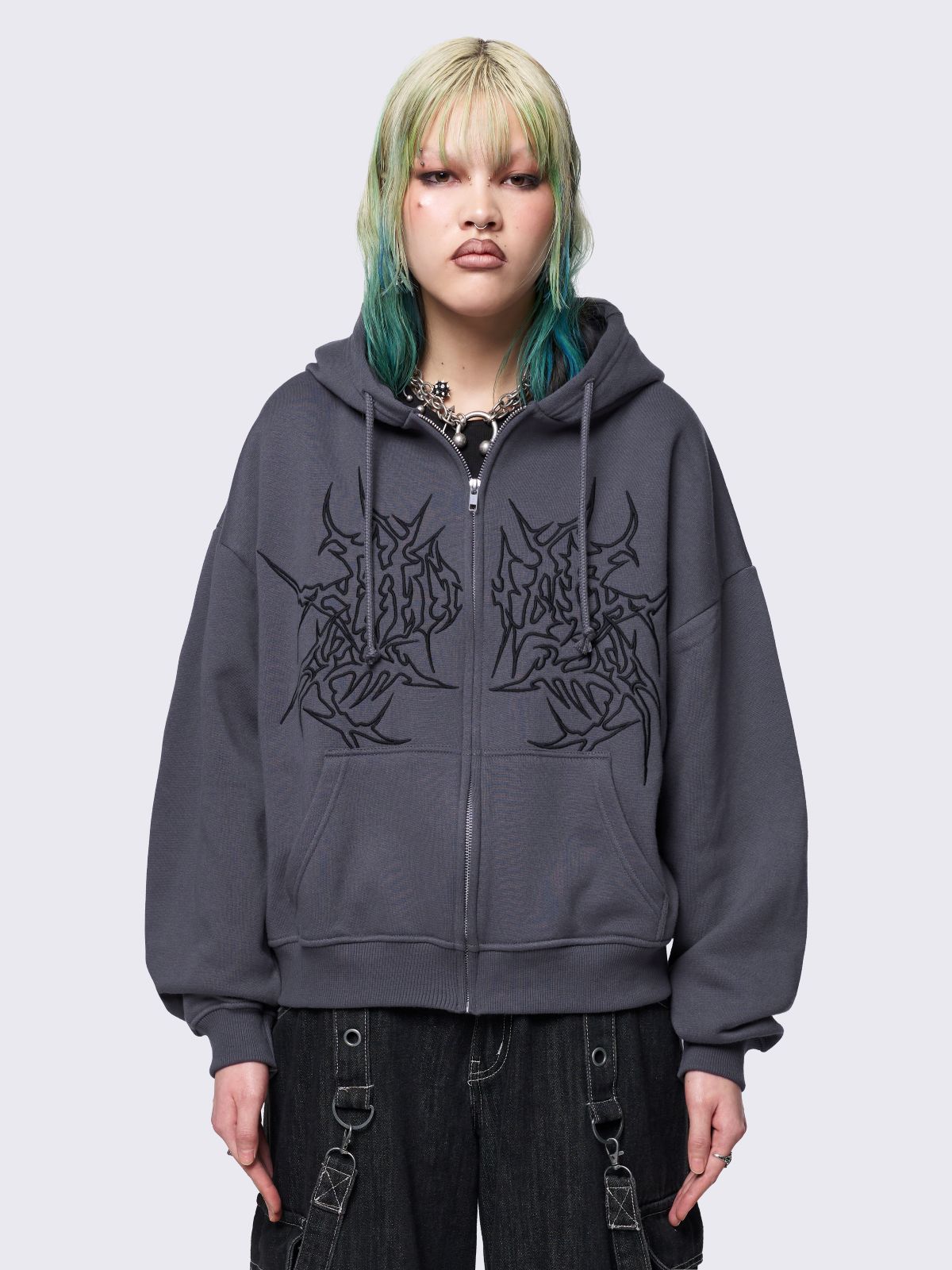 Oversized zip up hoodie jacket in grey with sigilism graphic front embroidery.