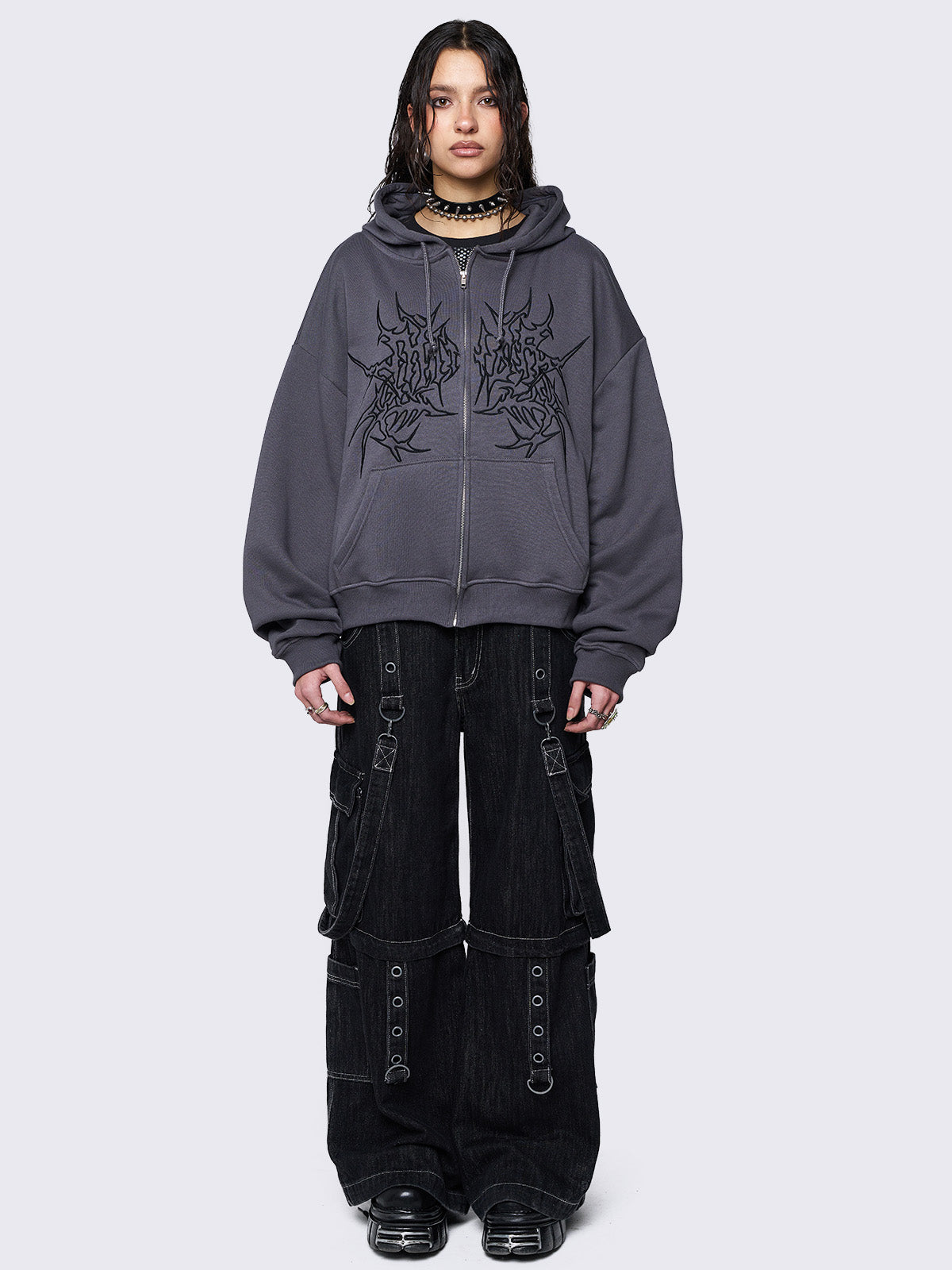 Oversized zip up hoodie jacket in grey with sigilism graphic front embroidery.