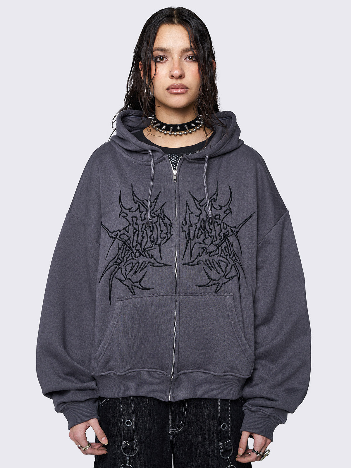 Oversized zip up hoodie jacket in grey with sigilism graphic front embroidery.