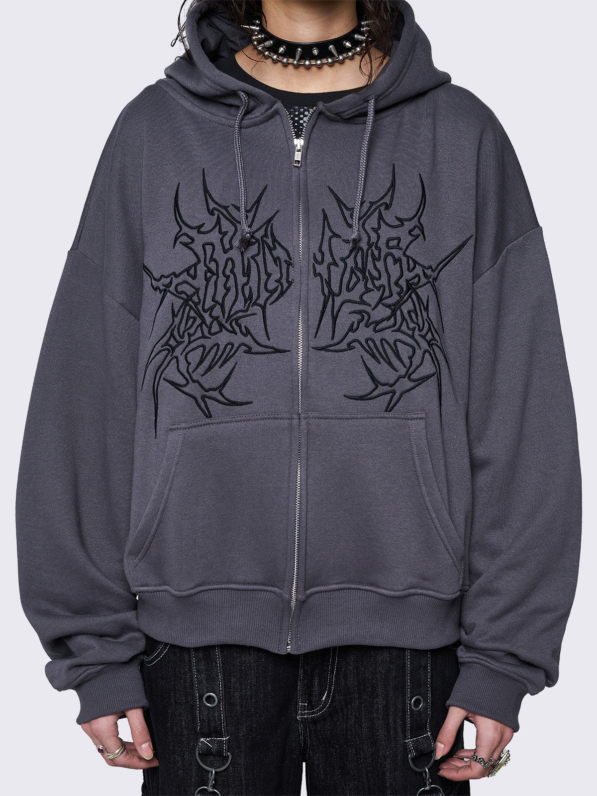 Oversized zip up hoodie jacket in grey with sigilism graphic front embroidery.