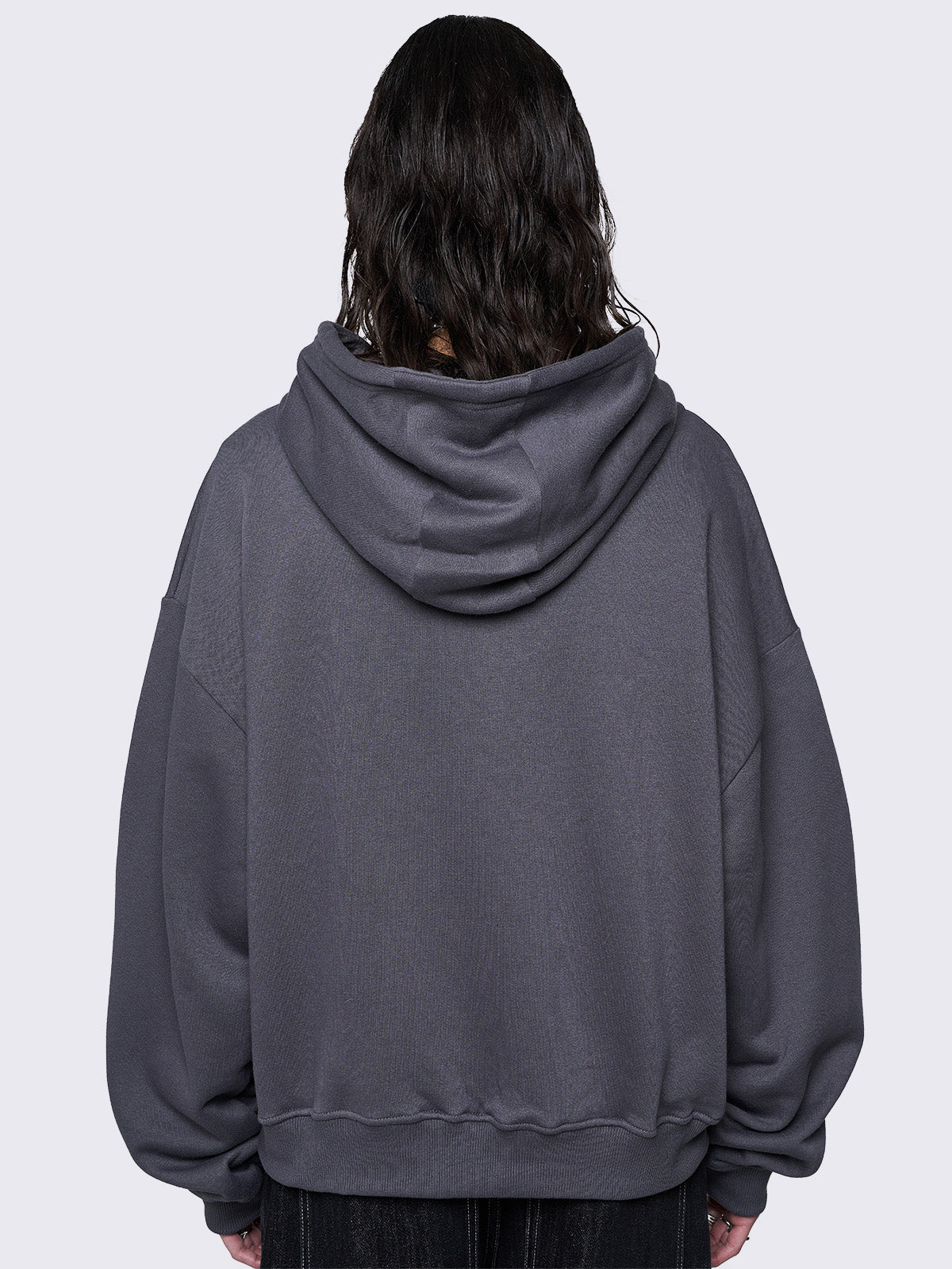 Oversized zip up hoodie jacket in grey with sigilism graphic front embroidery.