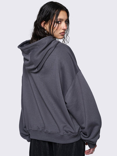 Oversized zip up hoodie jacket in grey with sigilism graphic front embroidery.