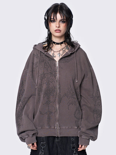 Washed brown zip-up hoodie jacket with grunge graphic prints on the front and sleeves.