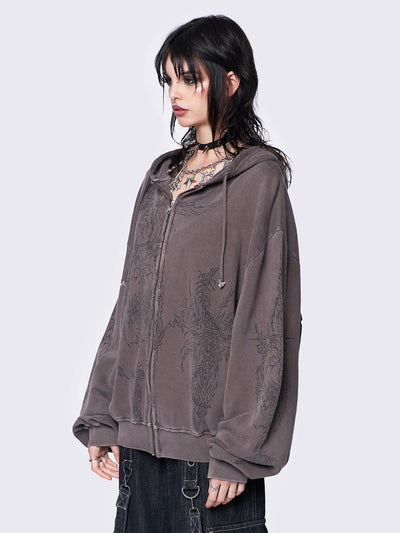 Washed brown zip-up hoodie jacket with grunge graphic prints on the front and sleeves.