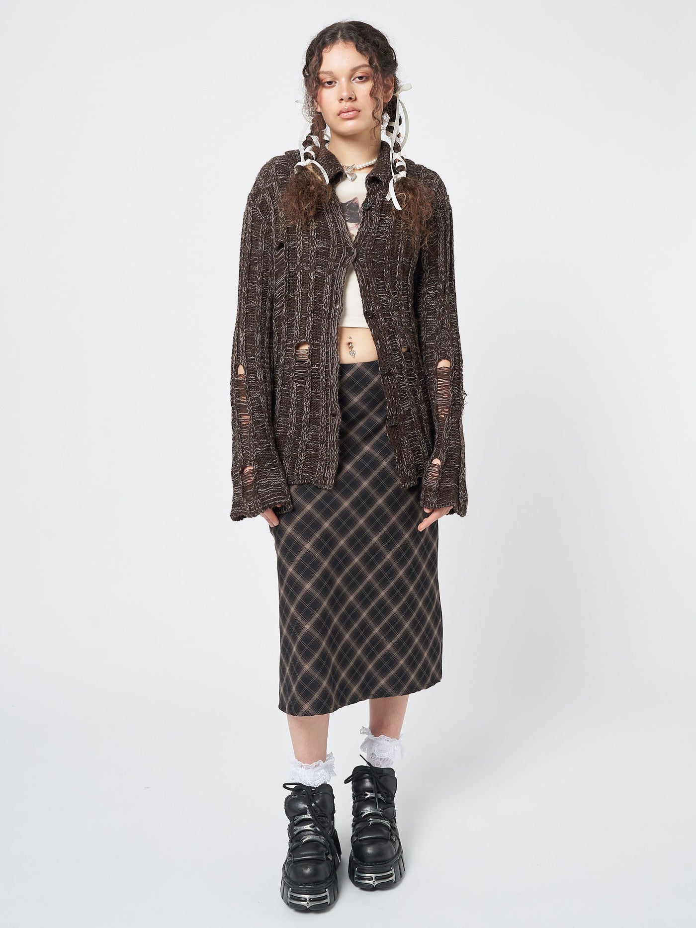 Gem Brown Distressed Knit Cardigan - Minga EU