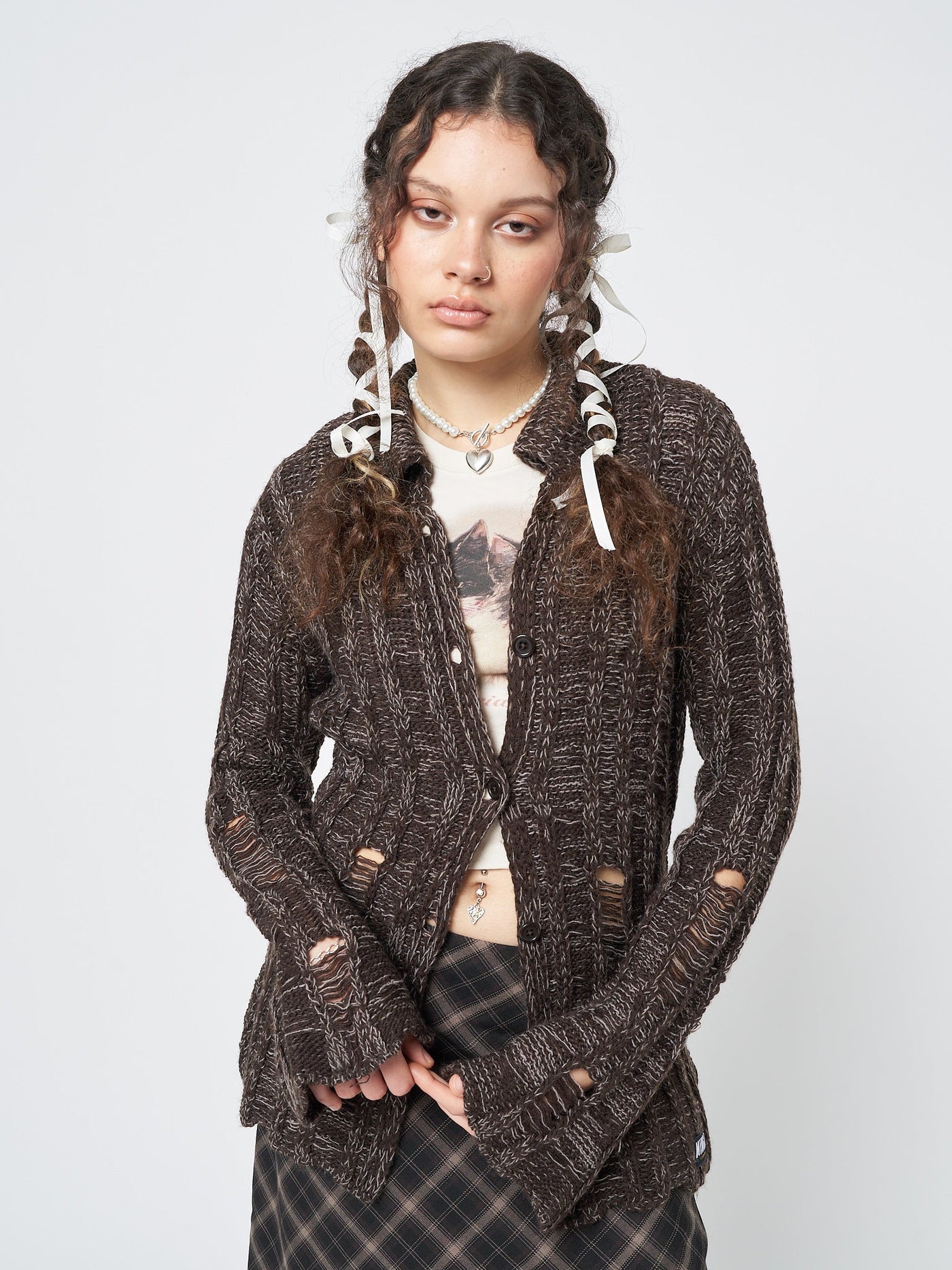 Gem Brown Distressed Knit Cardigan - Minga EU