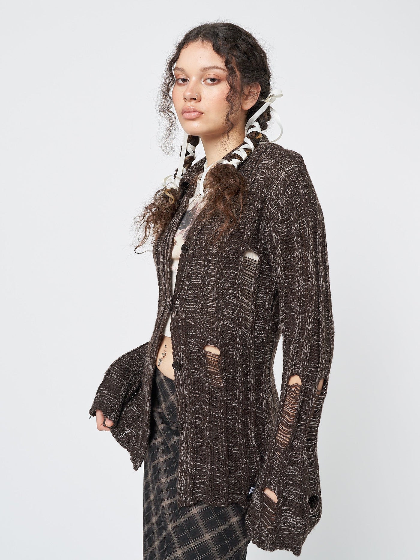 Gem Brown Distressed Knit Cardigan - Minga EU