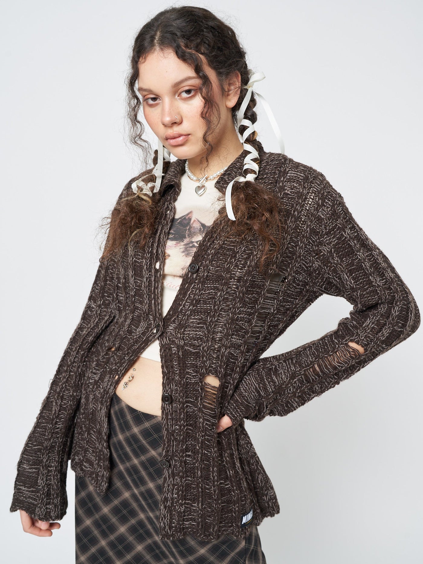 Gem Brown Distressed Knit Cardigan - Minga EU