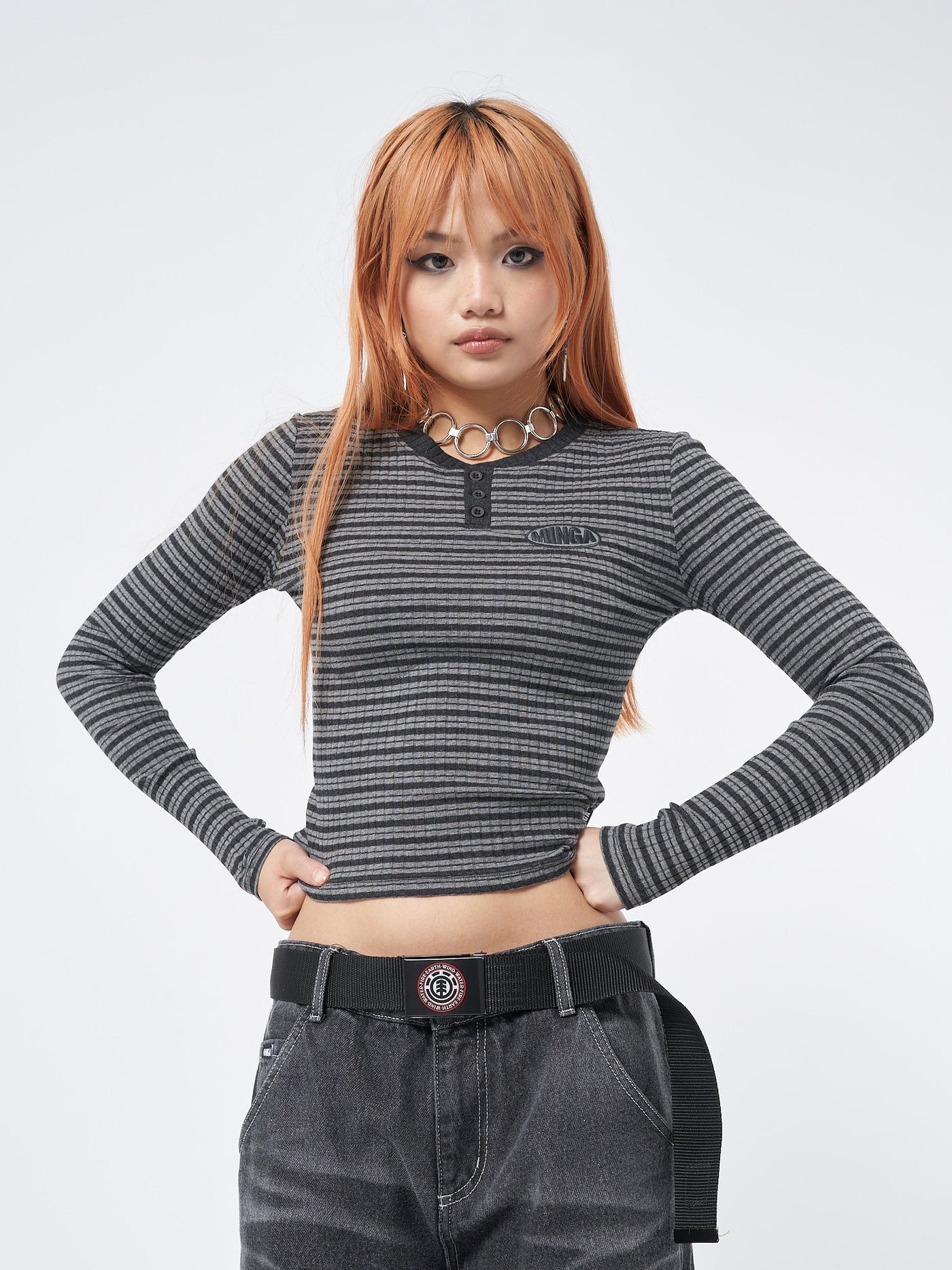 Graphite Half Button Striped Rib Top - Minga EU