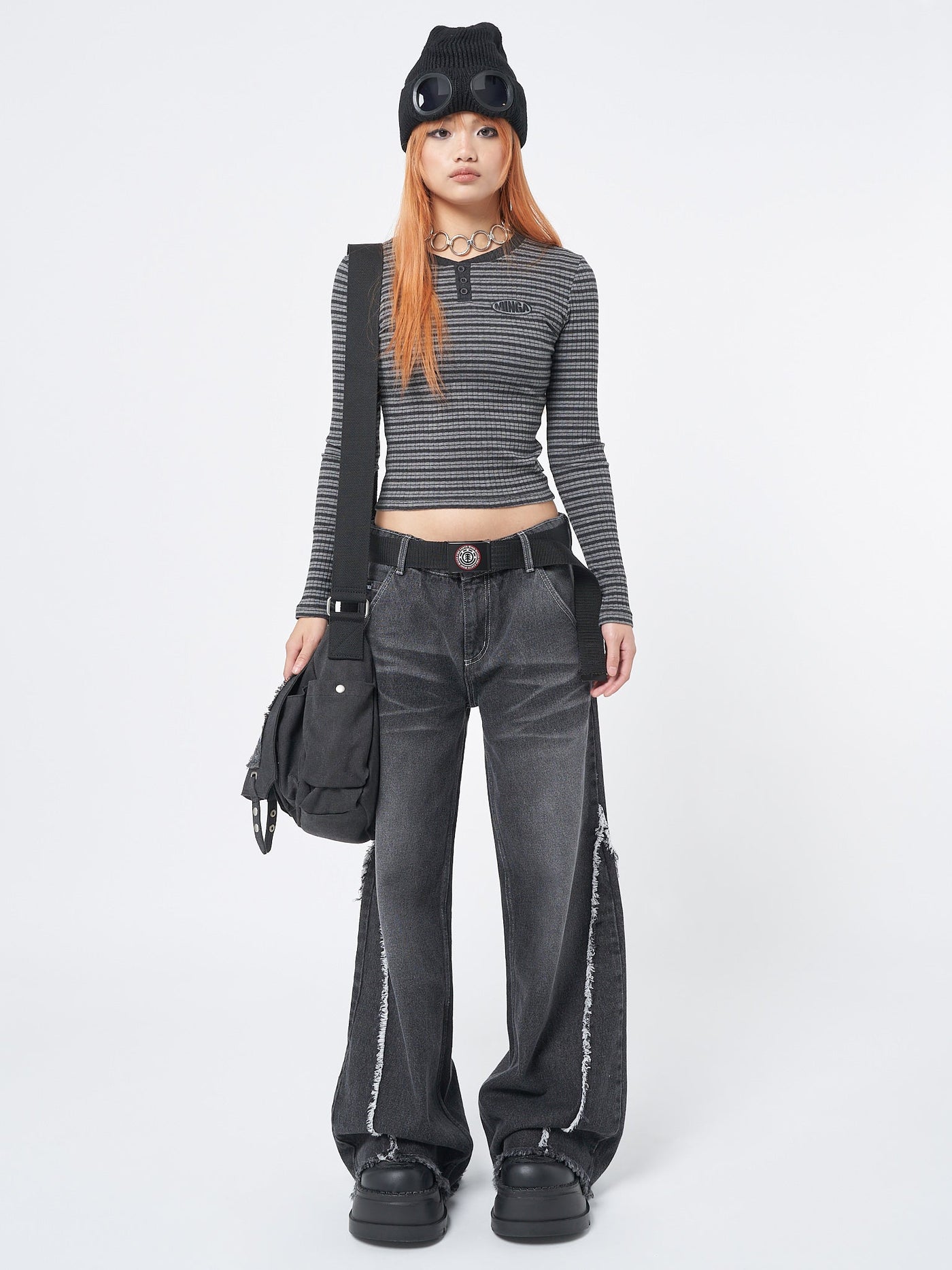 Graphite Half Button Striped Rib Top - Minga EU