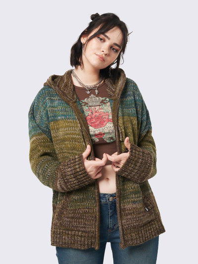 Zip up hood knitted cardigan featuring a oversized fit and green, brown and blue degrade stripes.