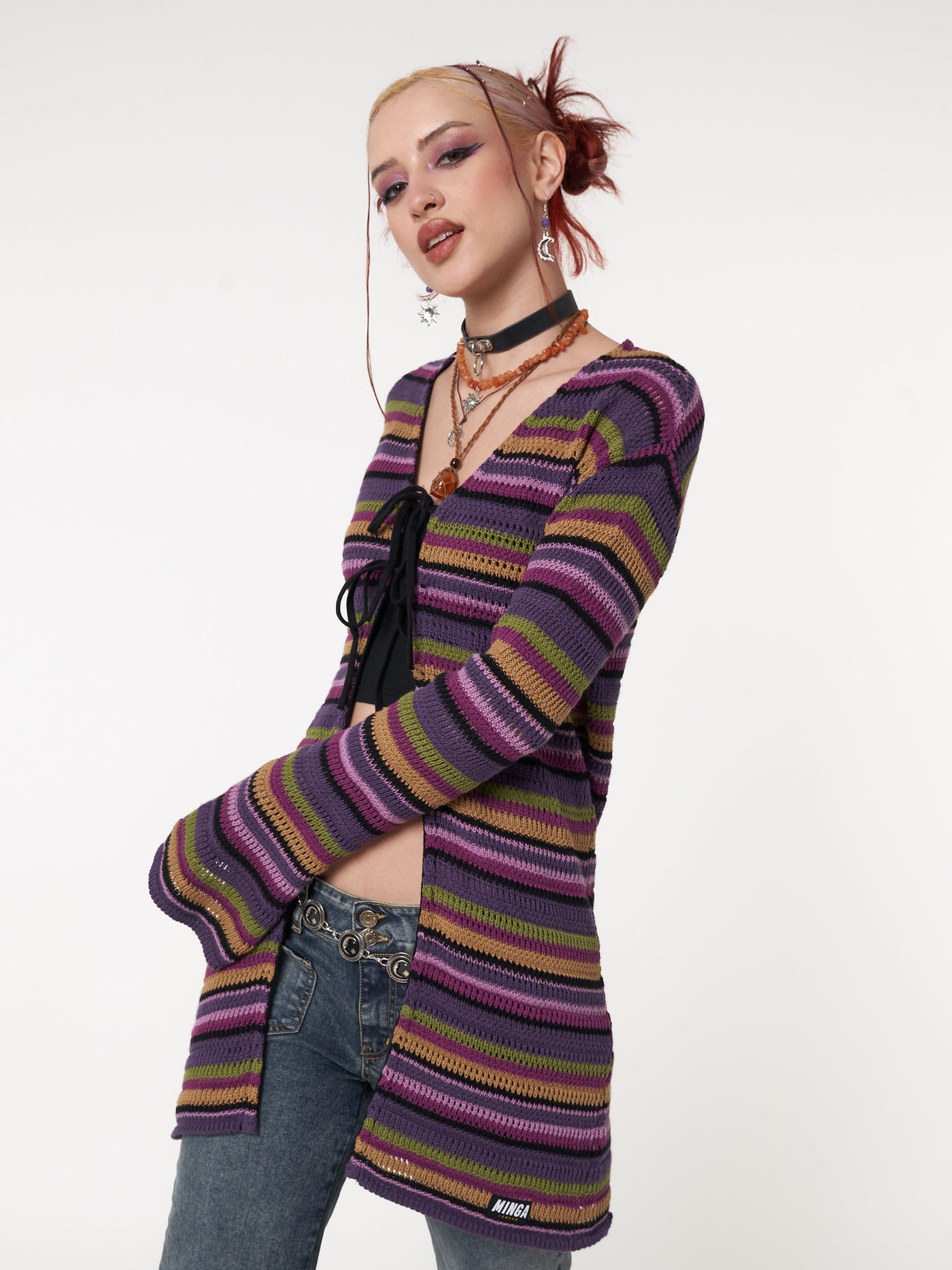 Luna Striped Tie Front Knit Cardigan - Minga EU