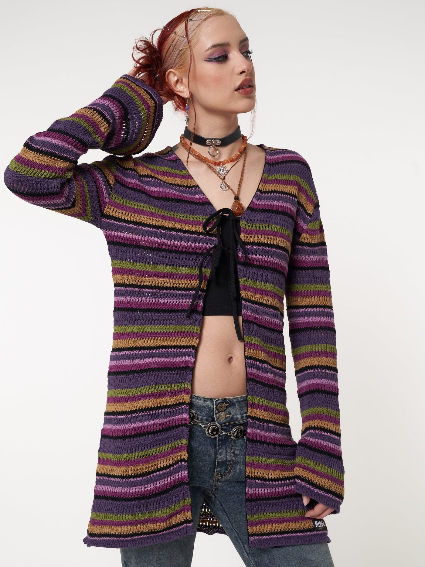 Luna Striped Tie Front Knit Cardigan - Minga EU