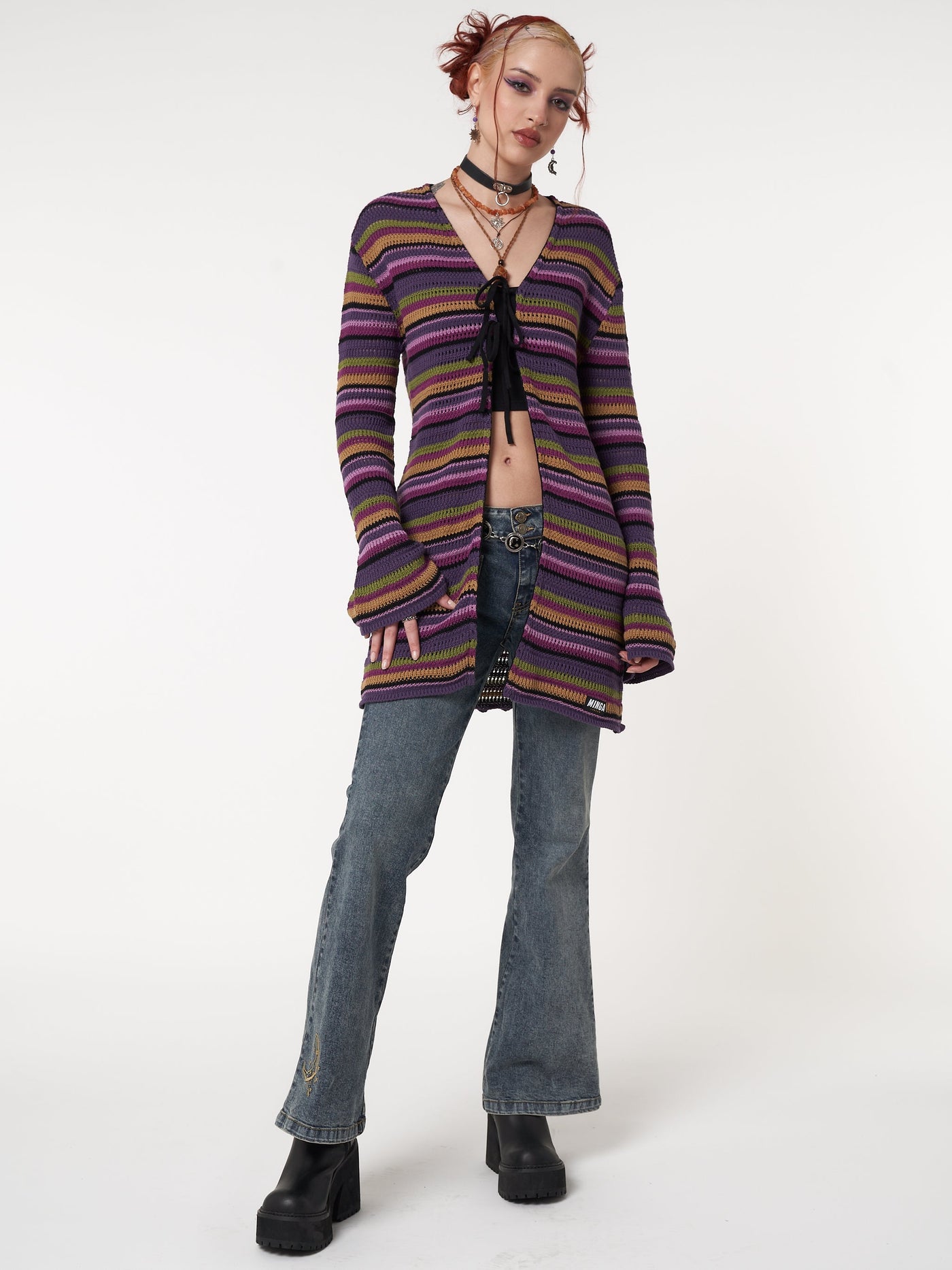 Luna Striped Tie Front Knit Cardigan - Minga EU