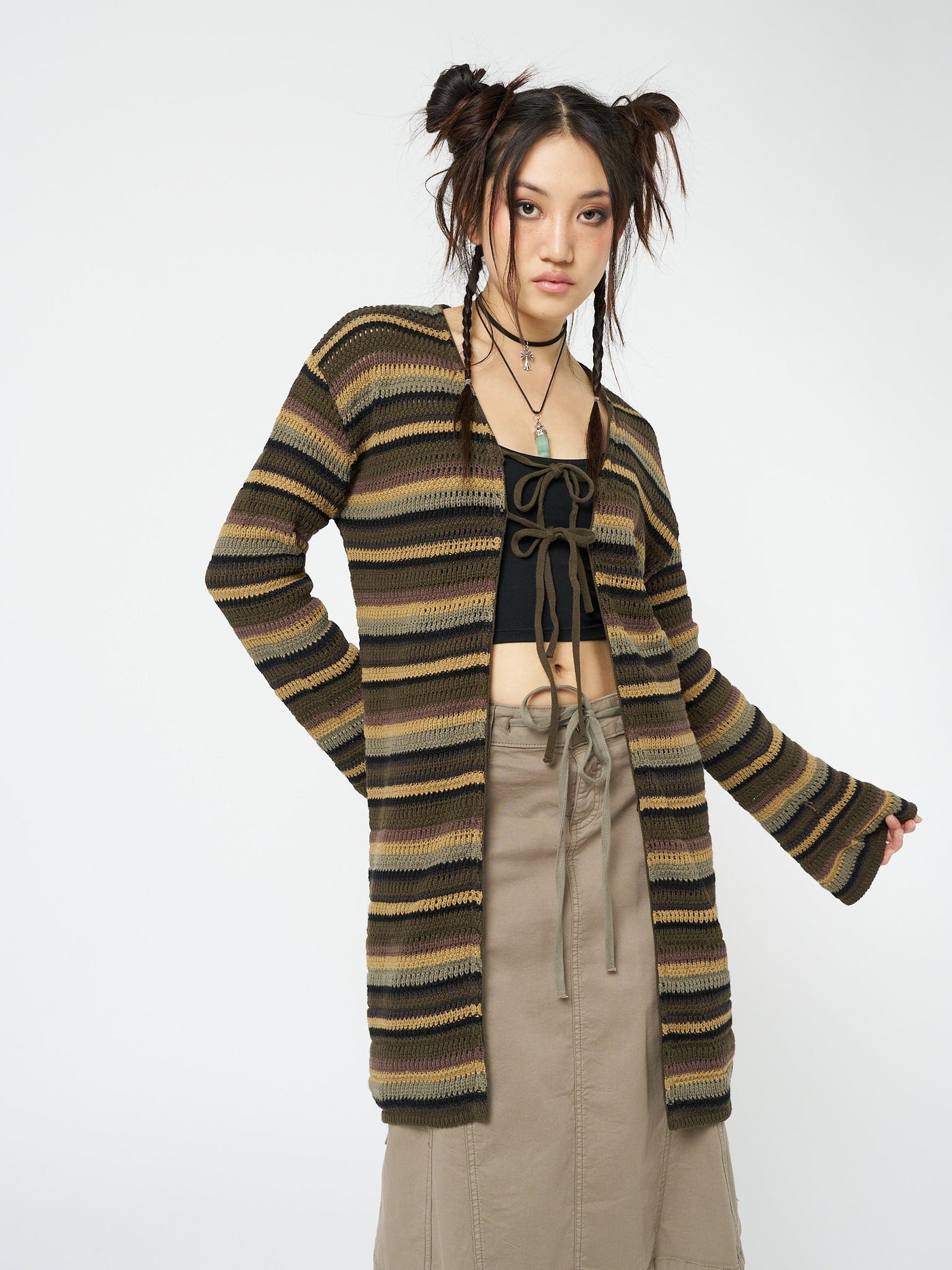 Luna Forest Stripes Tie Front Knit Cardigan - Minga EU