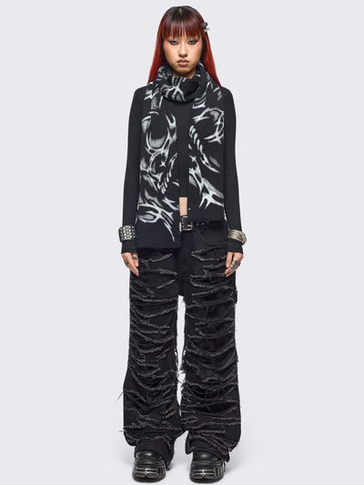 Black knitted scarf  with cyber sigilism graphic print by cold𝐹33t.