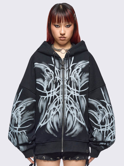 Black zip up hoodie jacket with graphic front and sleeves print by coldfeet designer.