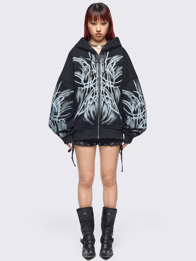 Black zip up hoodie jacket with graphic front and sleeves print by coldfeet designer.