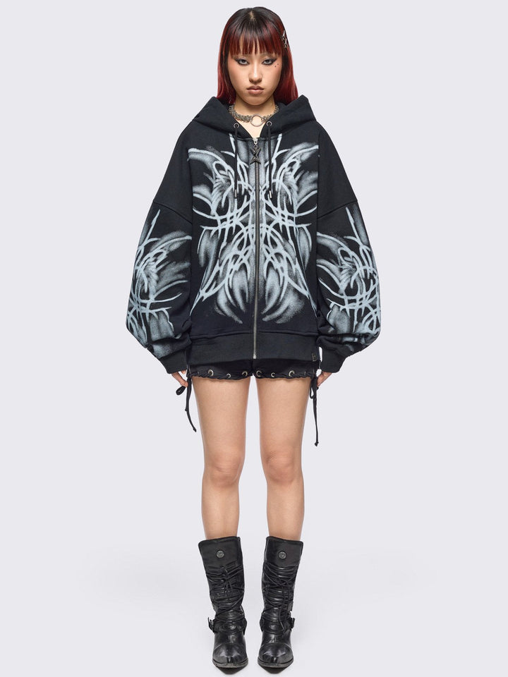 Black Cyber Graphic Zip Up Hoodie | Minga London x Coldf33t