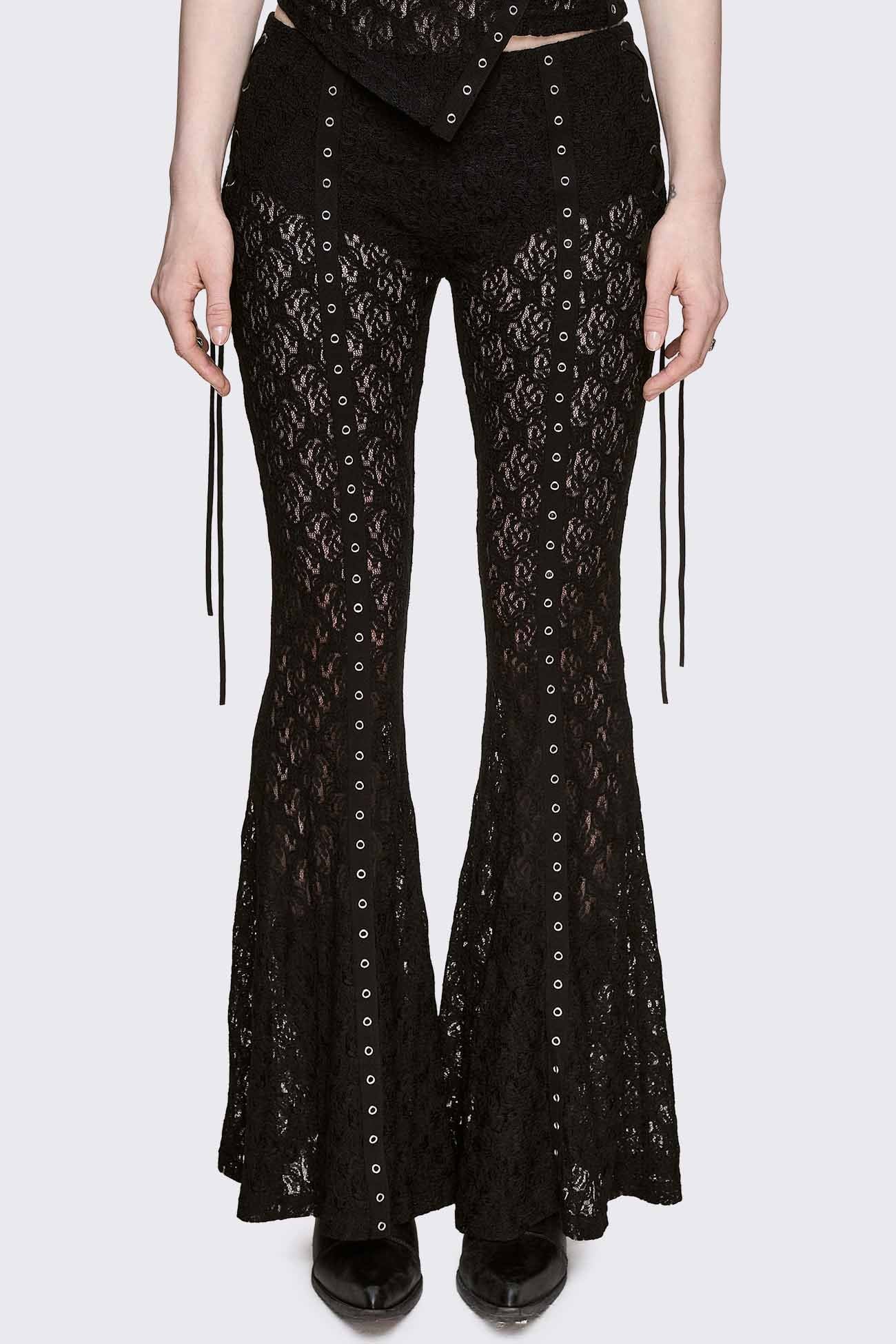 Black sheer lace flare pants with eyelet trims, side lace-up details and low waist in a goth vibe.