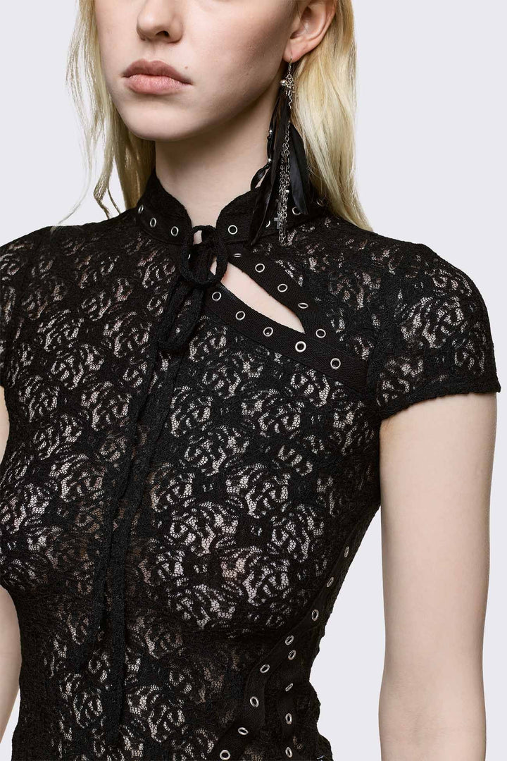 Black Sheer Lace Top With Eyelets | Minga London