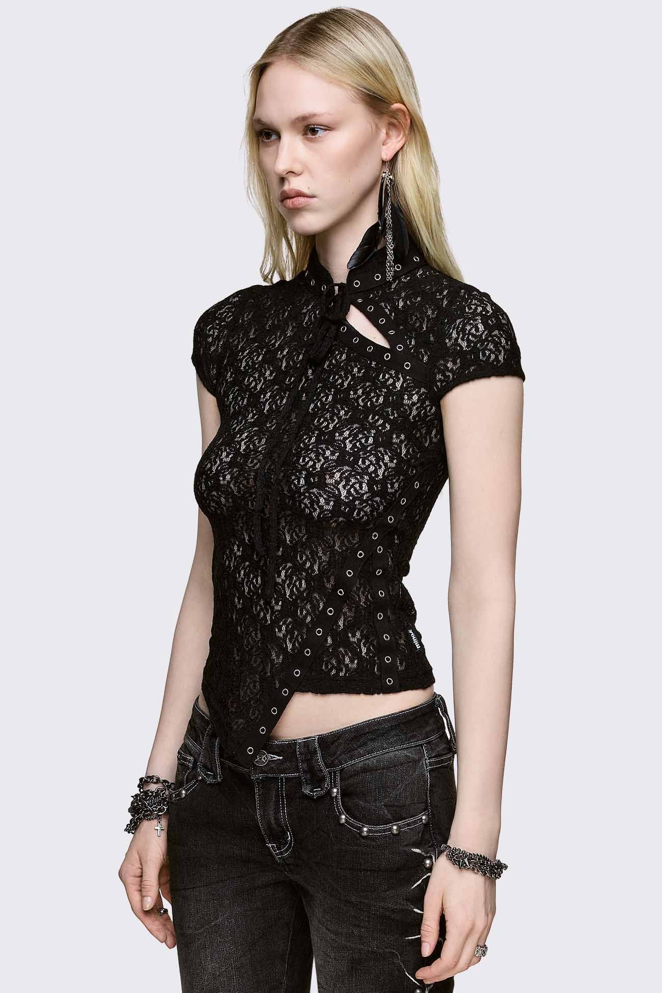 Black Sheer Lace Top With Eyelets | Minga London