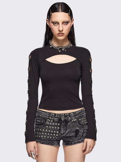Black cut-out top with chunky silver eyelets.